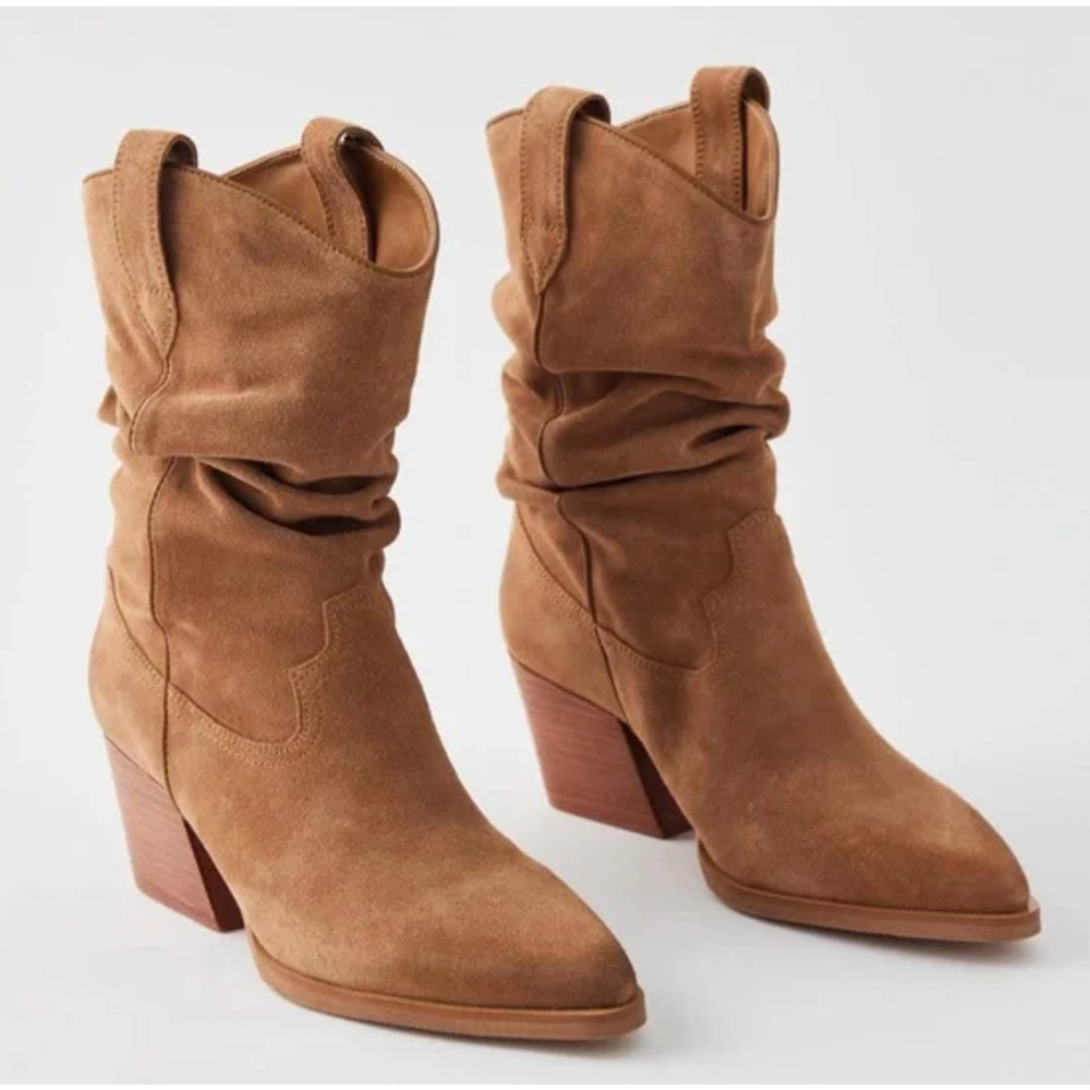 Steve Madden Taos Slouch Suede Western Boot Tan Brown Pull On Block Heel Size 10